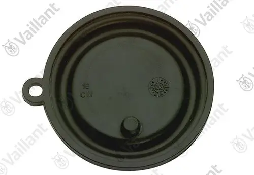 Schwarzes, rundes Bauteil von Vaillant mit zentralem erhobenen Punkt und seitlichem Befestigungsloch, geeignet für Heizungsanwendungen.